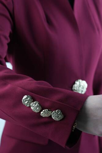 Tesettür Takım Tek Gold Düğmeli Blazer İkili Takım Bordo - 5