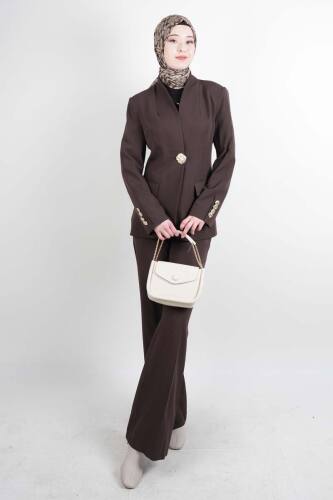 Tesettür Takım Tek Gold Düğmeli Blazer İkili Takım Kahverengi 