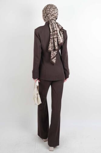 Tesettür Takım Tek Gold Düğmeli Blazer İkili Takım Kahverengi - 3
