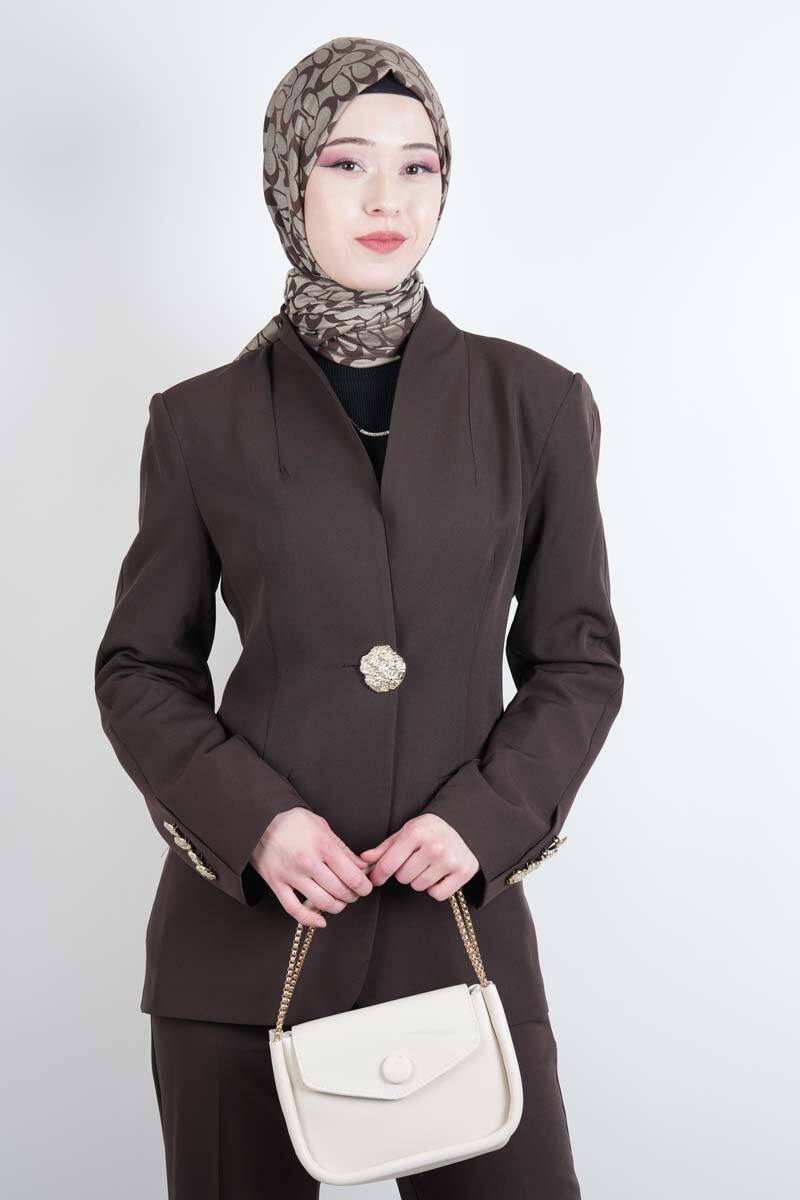 Tesettür Takım Tek Gold Düğmeli Blazer İkili Takım Kahverengi - 4