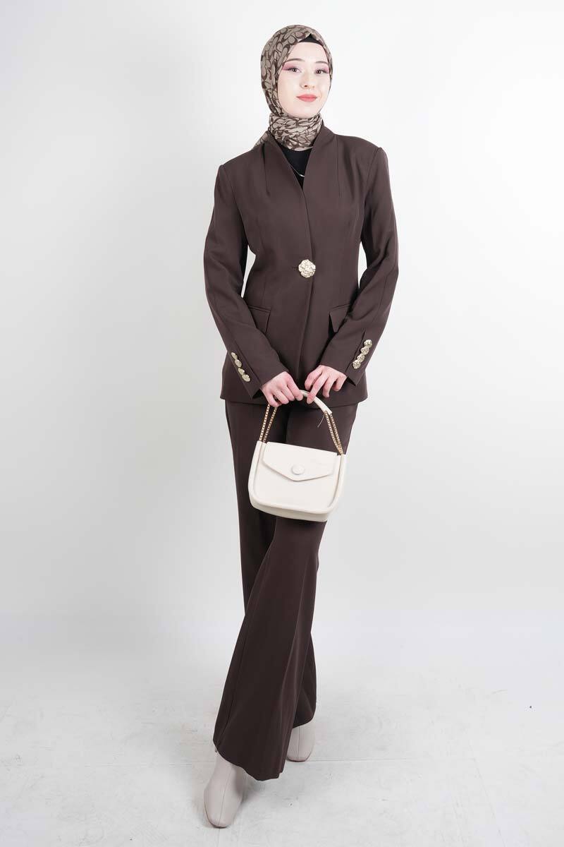 Tesettür Takım Tek Gold Düğmeli Blazer İkili Takım Kahverengi - 1