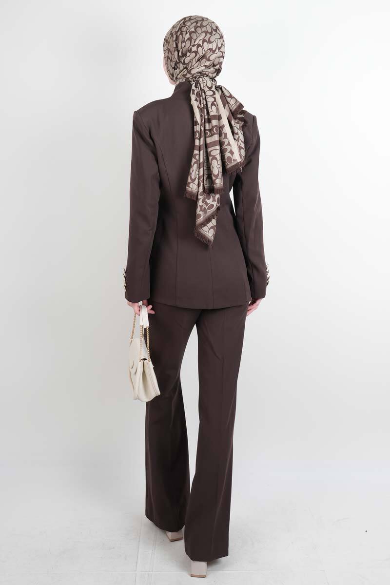 Tesettür Takım Tek Gold Düğmeli Blazer İkili Takım Kahverengi - 3