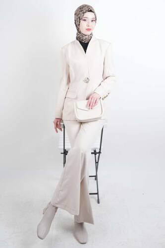 Tesettür Takım Tek Gold Düğmeli Blazer İkili Takım Krem - 03Kız Kulesi Teks
