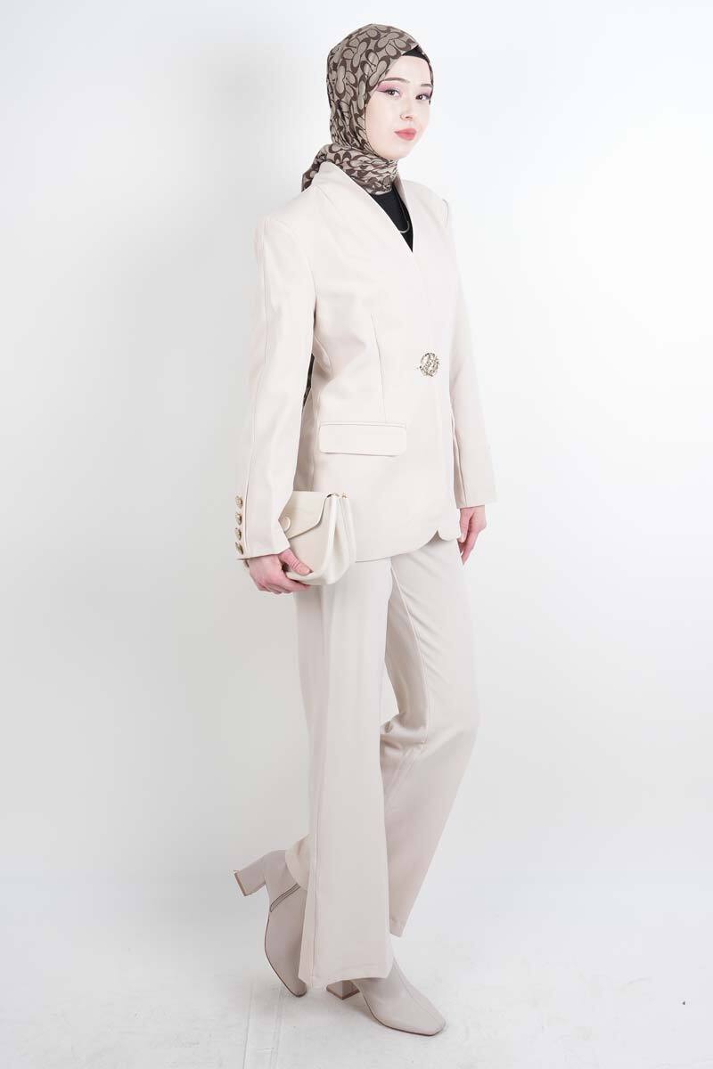 Tesettür Takım Tek Gold Düğmeli Blazer İkili Takım Krem - 2