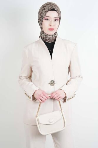 Tesettür Takım Tek Gold Düğmeli Blazer İkili Takım Krem - 4