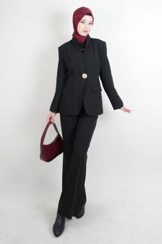 Tesettür Takım Tek Gold Düğmeli Blazer İkili Takım Siyah - 03Kız Kulesi Teks