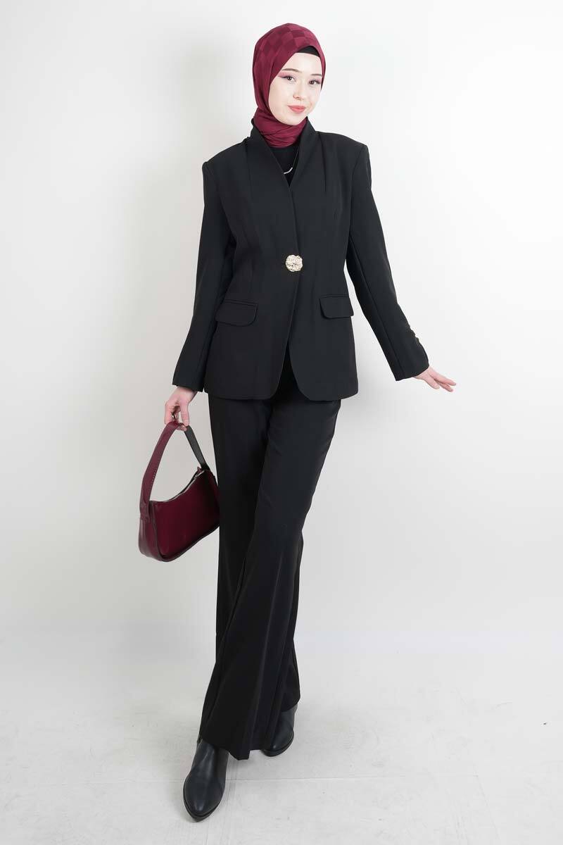 Tesettür Takım Tek Gold Düğmeli Blazer İkili Takım Siyah - 1