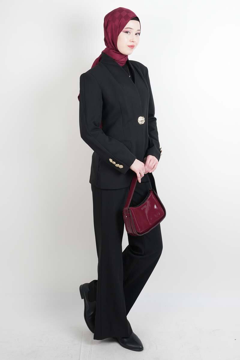 Tesettür Takım Tek Gold Düğmeli Blazer İkili Takım Siyah - 2