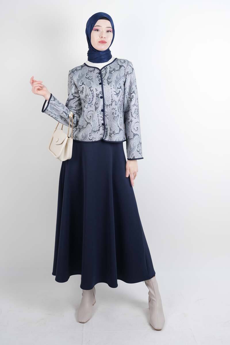 Tesettür Takım Üst Ceket Desenli Scuba Etekli İkili Takım Lacivert - 1