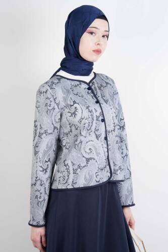 Tesettür Takım Üst Ceket Desenli Scuba Etekli İkili Takım Lacivert - 03Kız Kulesi Teks (1)