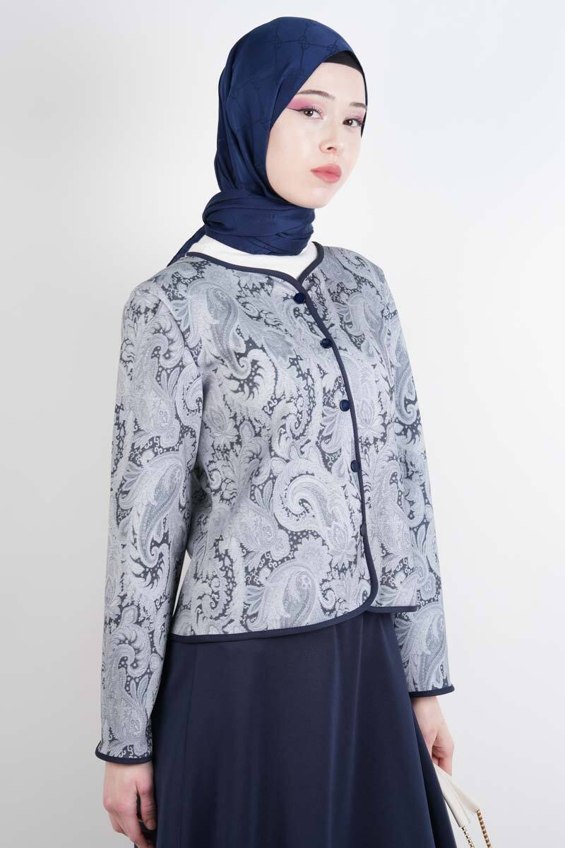 Tesettür Takım Üst Ceket Desenli Scuba Etekli İkili Takım Lacivert - 2