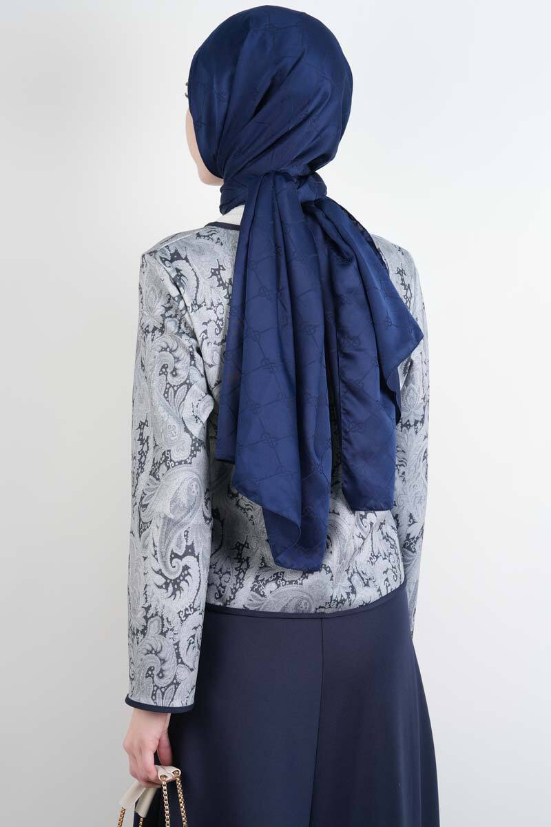 Tesettür Takım Üst Ceket Desenli Scuba Etekli İkili Takım Lacivert - 3