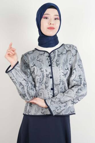 Tesettür Takım Üst Ceket Desenli Scuba Etekli İkili Takım Lacivert - 4