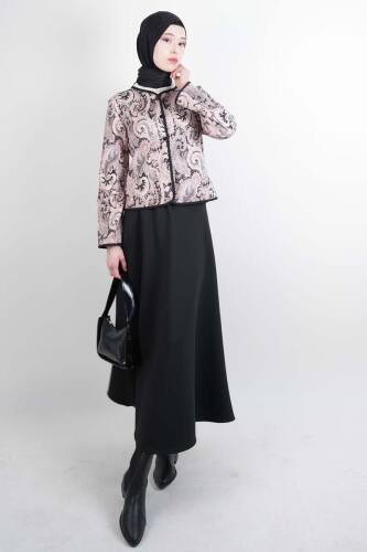 Tesettür Takım Üst Ceket Desenli Scuba Etekli İkili Takım Siyah - 03Kız Kulesi Teks