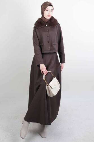 Tesettür Takım Yaka Kürklü Kısa ceketli Etekli Takım Kahverengi - 03Kız Kulesi Teks