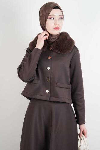 Tesettür Takım Yaka Kürklü Kısa ceketli Etekli Takım Kahverengi - 3