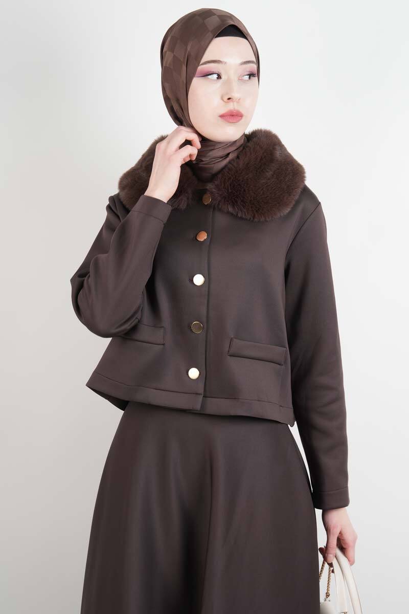 Tesettür Takım Yaka Kürklü Kısa ceketli Etekli Takım Kahverengi - 3