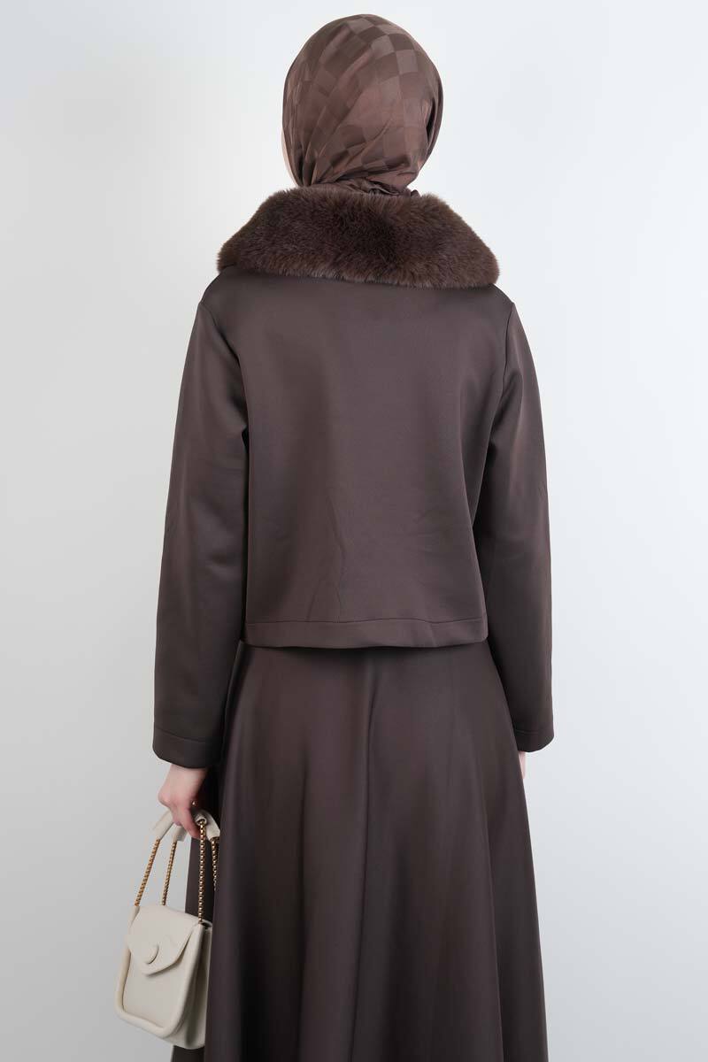 Tesettür Takım Yaka Kürklü Kısa ceketli Etekli Takım Kahverengi - 4