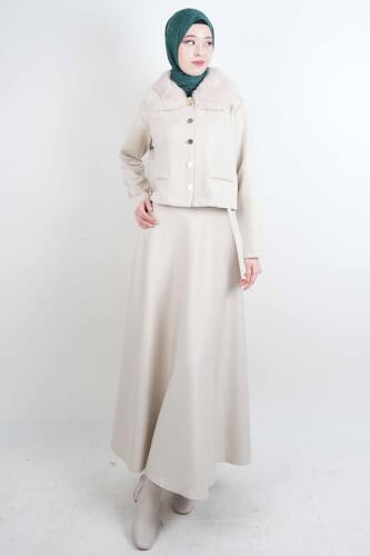 Tesettür Takım Yaka Kürklü Kısa ceketli Etekli Takım Krem - 03Kız Kulesi Teks