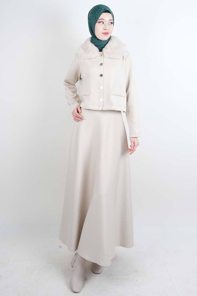 Tesettür Takım Yaka Kürklü Kısa ceketli Etekli Takım Krem - 1