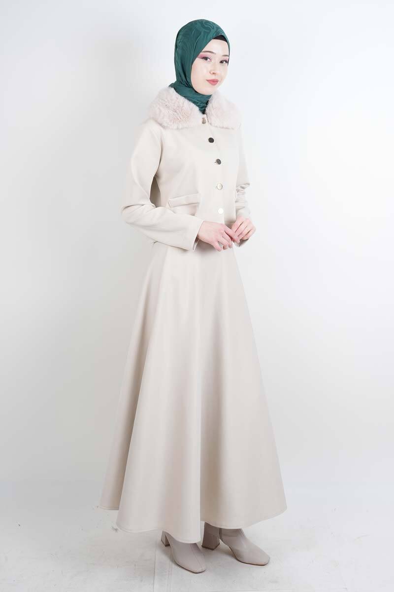 Tesettür Takım Yaka Kürklü Kısa ceketli Etekli Takım Krem - 2