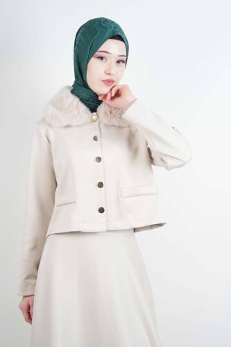 Tesettür Takım Yaka Kürklü Kısa ceketli Etekli Takım Krem - 3