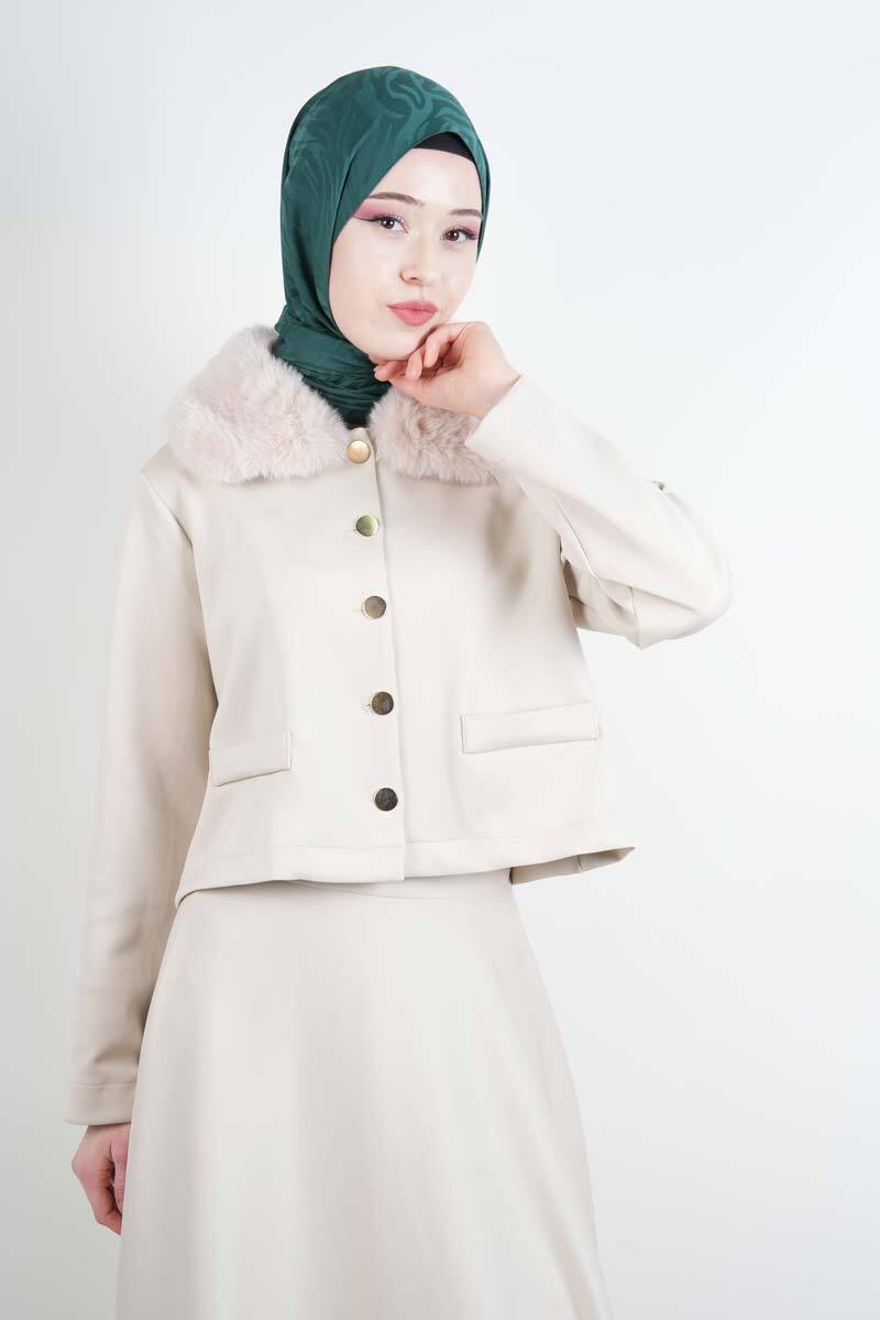 Tesettür Takım Yaka Kürklü Kısa ceketli Etekli Takım Krem - 3