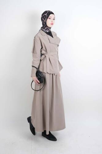 Tesettür Takım Yandan Fermuarlı Tansel Etekli İkili Takım Bej - 03Kız Kulesi Teks (1)