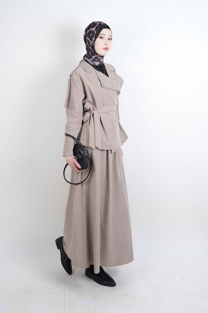 Tesettür Takım Yandan Fermuarlı Tansel Etekli İkili Takım Bej - 2