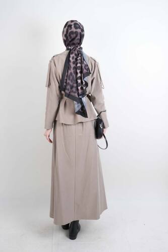 Tesettür Takım Yandan Fermuarlı Tansel Etekli İkili Takım Bej - 3