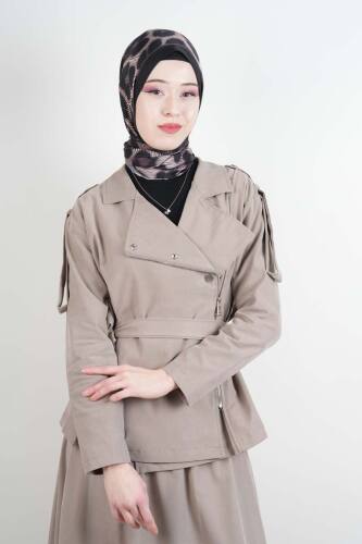 Tesettür Takım Yandan Fermuarlı Tansel Etekli İkili Takım Bej - 4