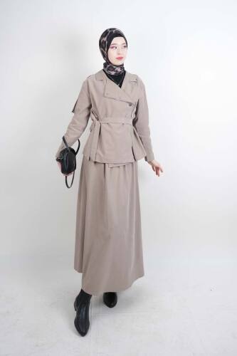 Tesettür Takım Yandan Fermuarlı Tansel Etekli İkili Takım Bej - 03Kız Kulesi Teks
