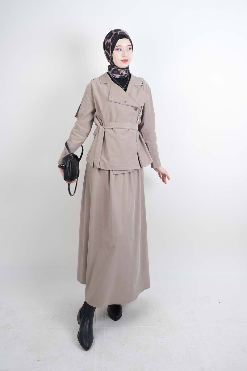 Tesettür Takım Yandan Fermuarlı Tansel Etekli İkili Takım Bej - 1