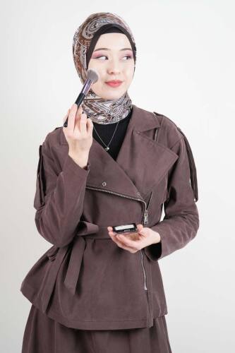 Tesettür Takım Yandan Fermuarlı Tansel Etekli İkili Takım Kahverengi - 4