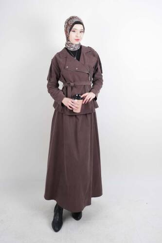 Tesettür Takım Yandan Fermuarlı Tansel Etekli İkili Takım Kahverengi - 03Kız Kulesi Teks