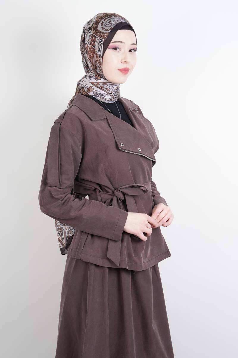 Tesettür Takım Yandan Fermuarlı Tansel Etekli İkili Takım Kahverengi - 2