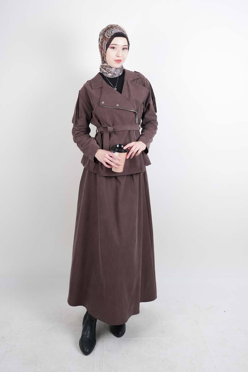 Tesettür Takım Yandan Fermuarlı Tansel Etekli İkili Takım Kahverengi - 1