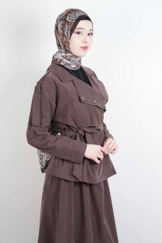 Tesettür Takım Yandan Fermuarlı Tansel Etekli İkili Takım Kahverengi - 03Kız Kulesi Teks (1)