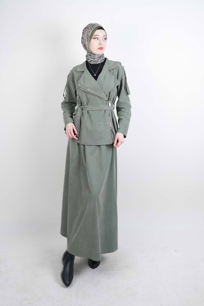 Tesettür Takım Yandan Fermuarlı Tansel Etekli İkili Takım Yeşil - 1