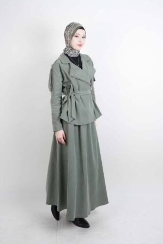 Tesettür Takım Yandan Fermuarlı Tansel Etekli İkili Takım Yeşil - 03Kız Kulesi Teks (1)