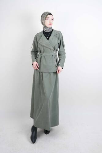 Tesettür Takım Yandan Fermuarlı Tansel Etekli İkili Takım Yeşil - 03Kız Kulesi Teks