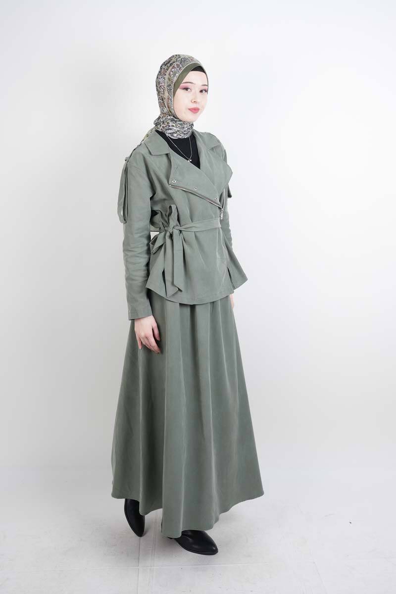 Tesettür Takım Yandan Fermuarlı Tansel Etekli İkili Takım Yeşil - 2