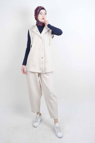 Tesettür Takım Yelekli Şalvar İkili Takım Krem - 03Kız Kulesi Teks