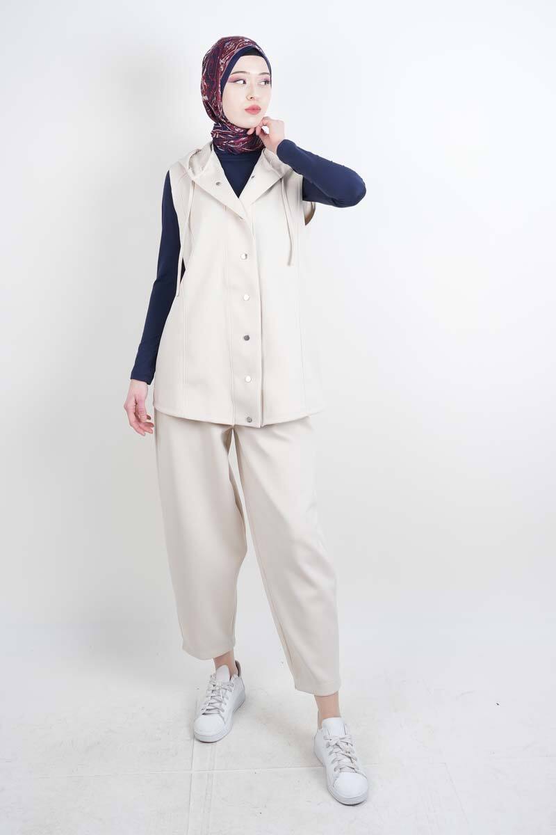 Tesettür Takım Yelekli Şalvar İkili Takım Krem - 1