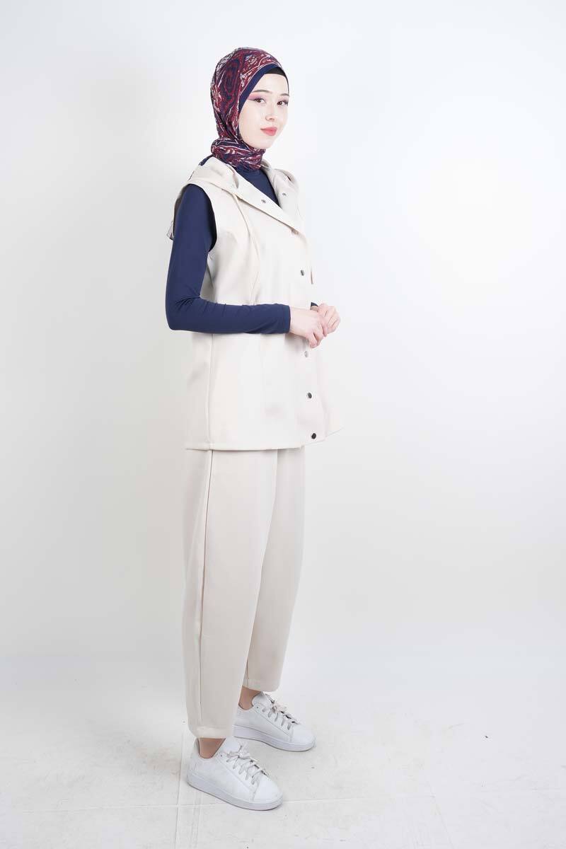 Tesettür Takım Yelekli Şalvar İkili Takım Krem - 2