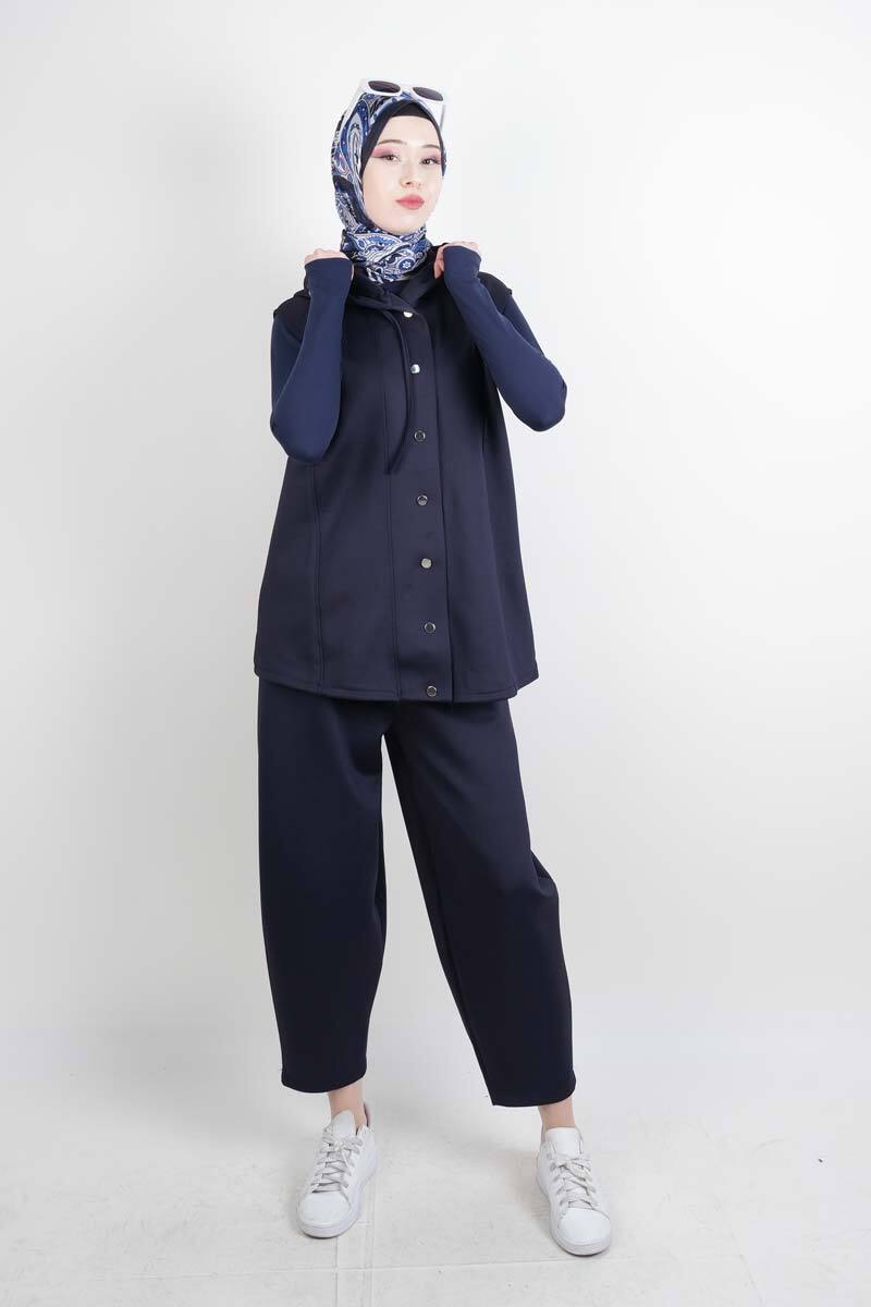 Tesettür Takım Yelekli Şalvar İkili Takım Lacivert - 1