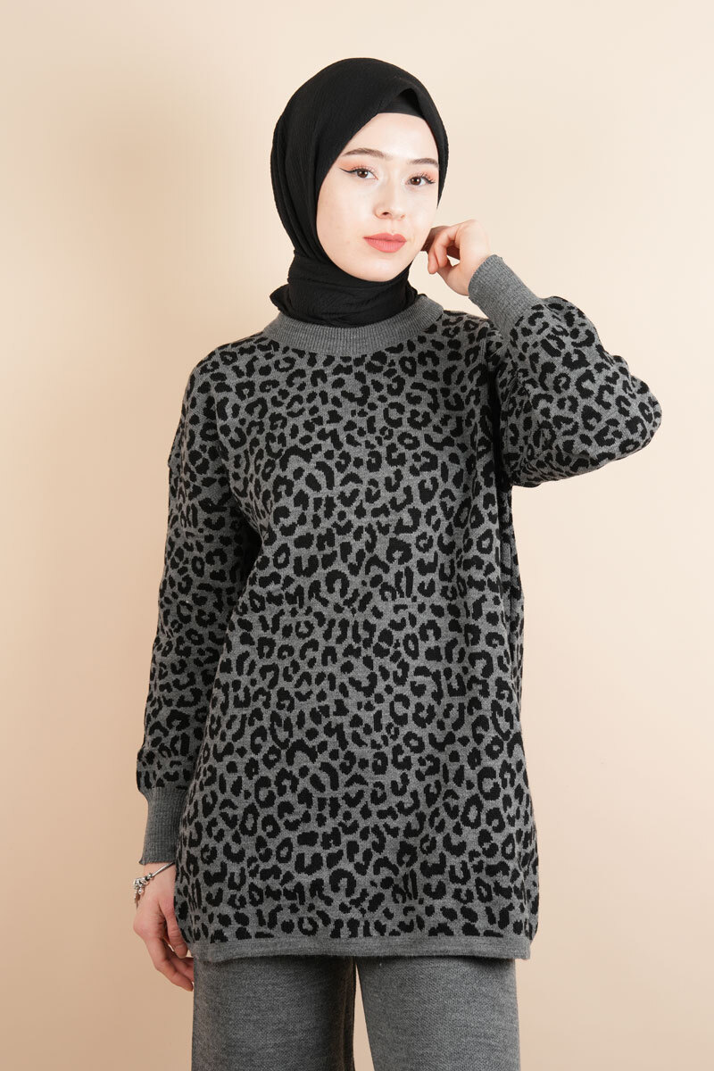 Tesettür Triko 2 Li Takım - Leopar Desenli Takım Antrasit - 4