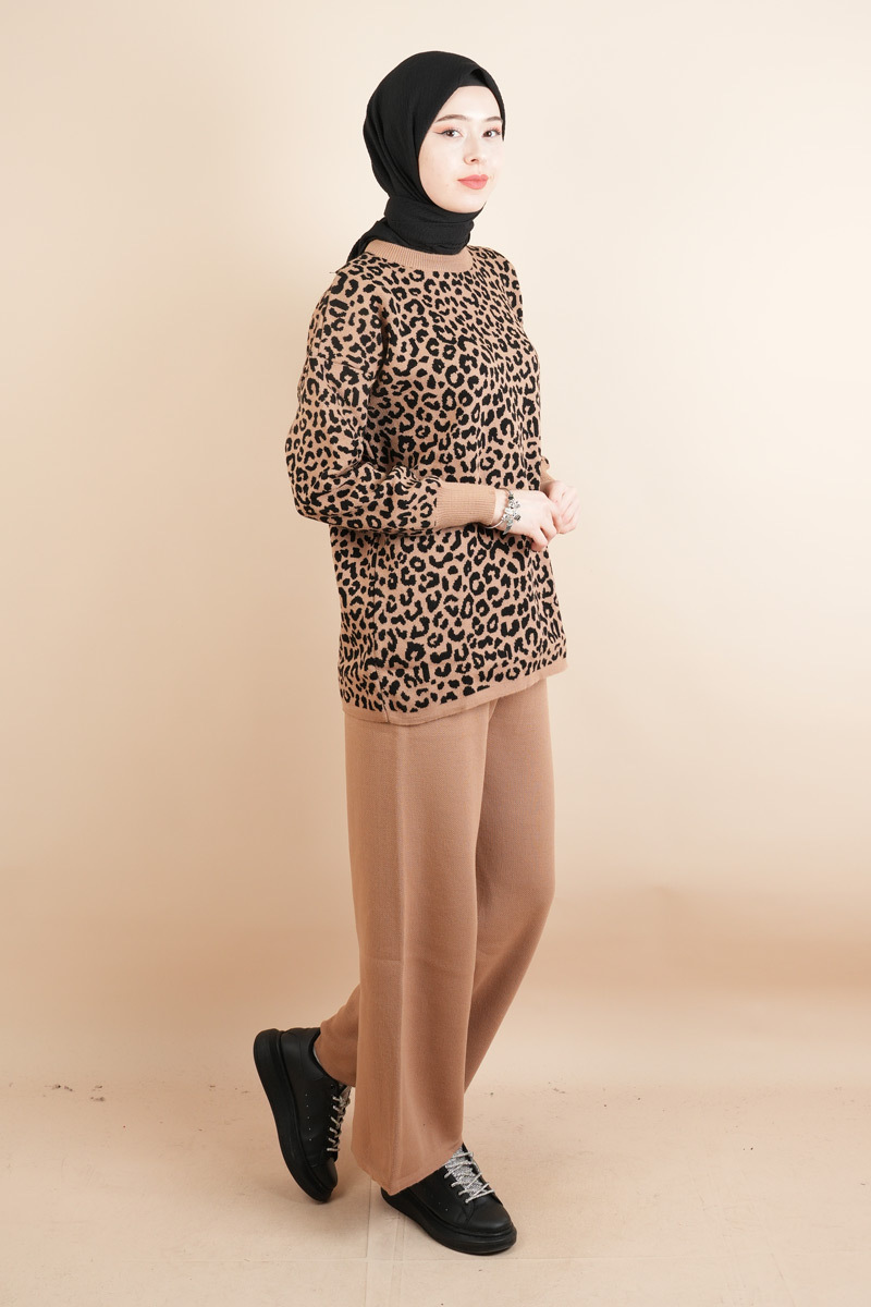 Tesettür Triko 2 Li Takım - Leopar Desenli Takım Bej - 2
