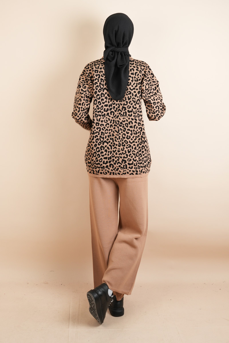 Tesettür Triko 2 Li Takım - Leopar Desenli Takım Bej - 3