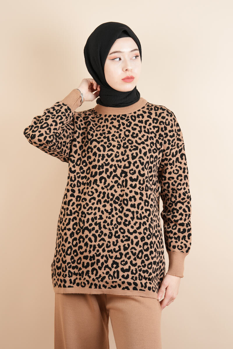 Tesettür Triko 2 Li Takım - Leopar Desenli Takım Bej - 4